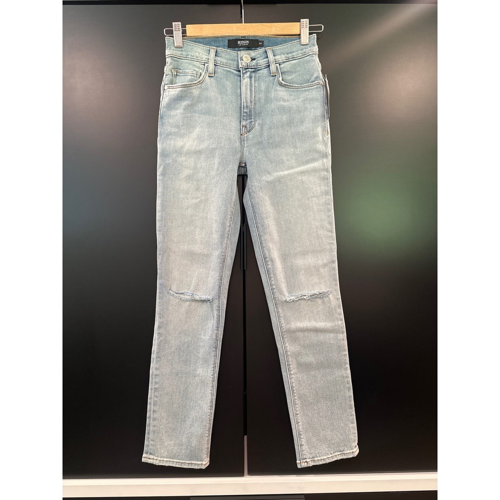 Hudson Barbara New High‎ Waist Crop Straight Jeans Light Blue Distressed Size 24